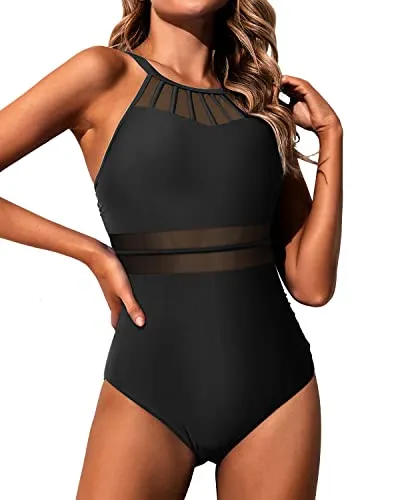 Tummy Control Halter Slimming Bathing Suit Mesh Swimwear For Teen Girls-Black