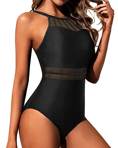 Tummy Control Halter Slimming Bathing Suit Mesh Swimwear For Teen Girls-Black