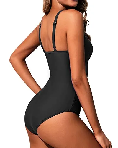 Tummy Control Halter Slimming Bathing Suit Mesh Swimwear For Teen Girls-Black