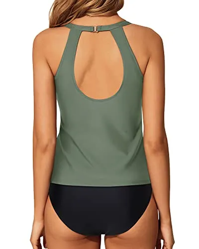 Two Piece Tummy Control High Neck Tankini Swimsuits For Women-Olive Green