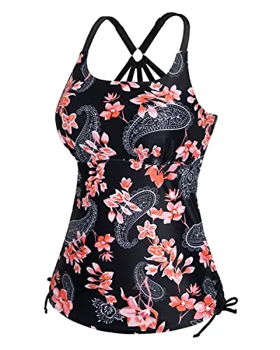 U Neck Tankini Swim Top Only With Removable Padded Bra-Black Pink Flowers