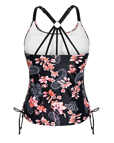 U Neck Tankini Swim Top Only With Removable Padded Bra-Black Pink Flowers