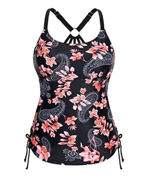 U Neck Tankini Swim Top Only With Removable Padded Bra-Black Pink Flowers