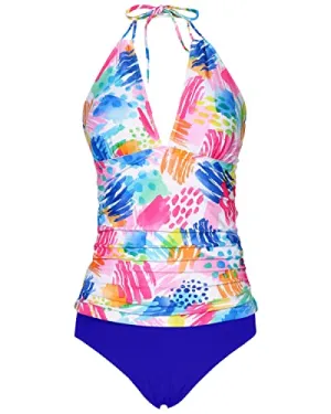 V Neck Halter Tankini Swimsuits Bikini Bottom Tummy Control Bathing Suits-Colorful