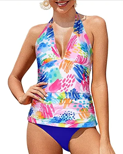 V Neck Halter Tankini Swimsuits Bikini Bottom Tummy Control Bathing Suits-Colorful