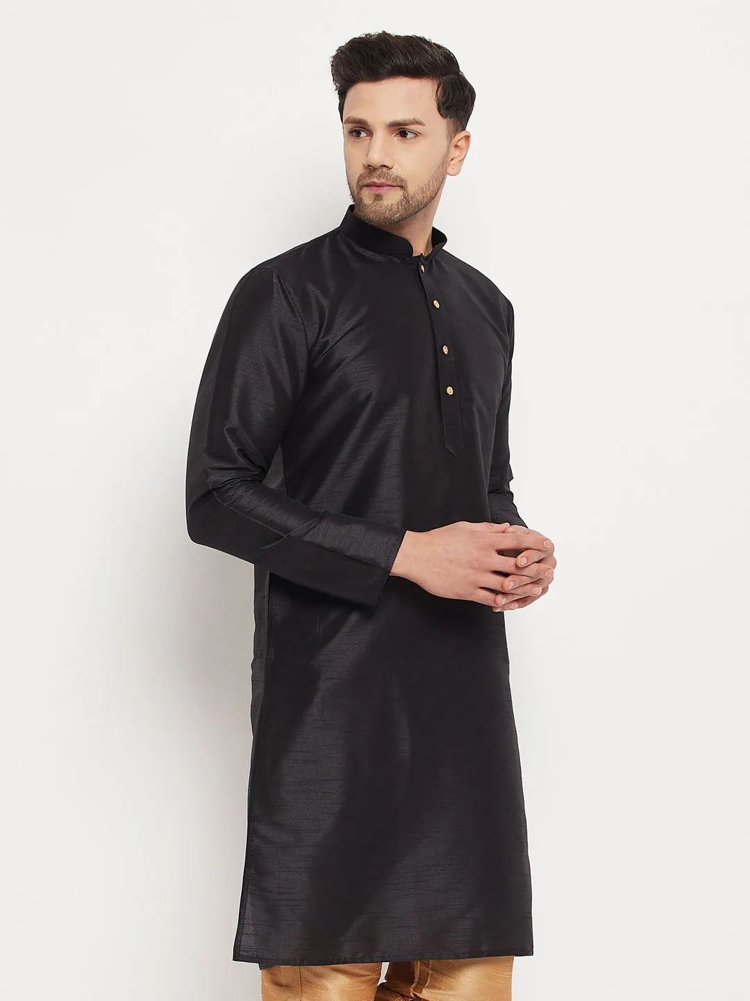 VM BY VASTRAMAY Men's Black Cotton Silk Blend Kurta