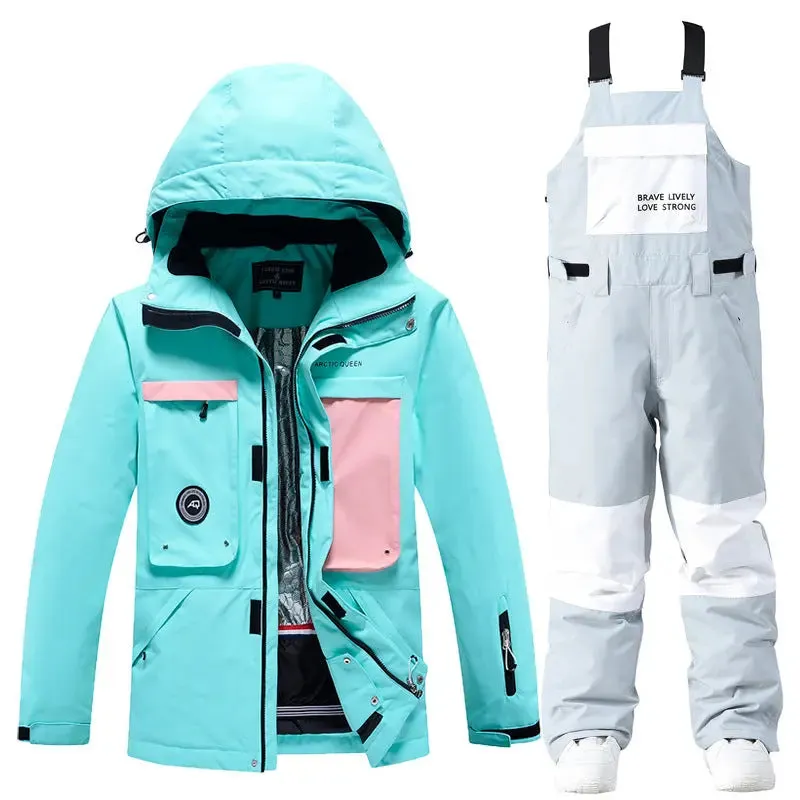 Women Winter Hooded Ski Overalls Snowsuits