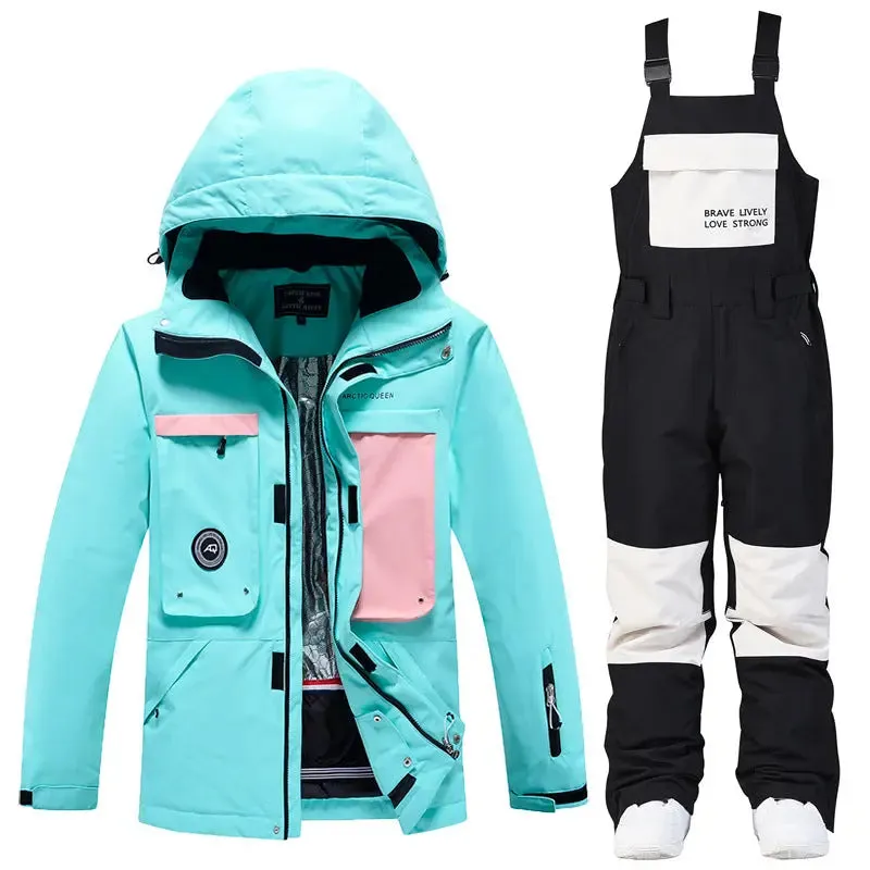 Women Winter Hooded Ski Overalls Snowsuits