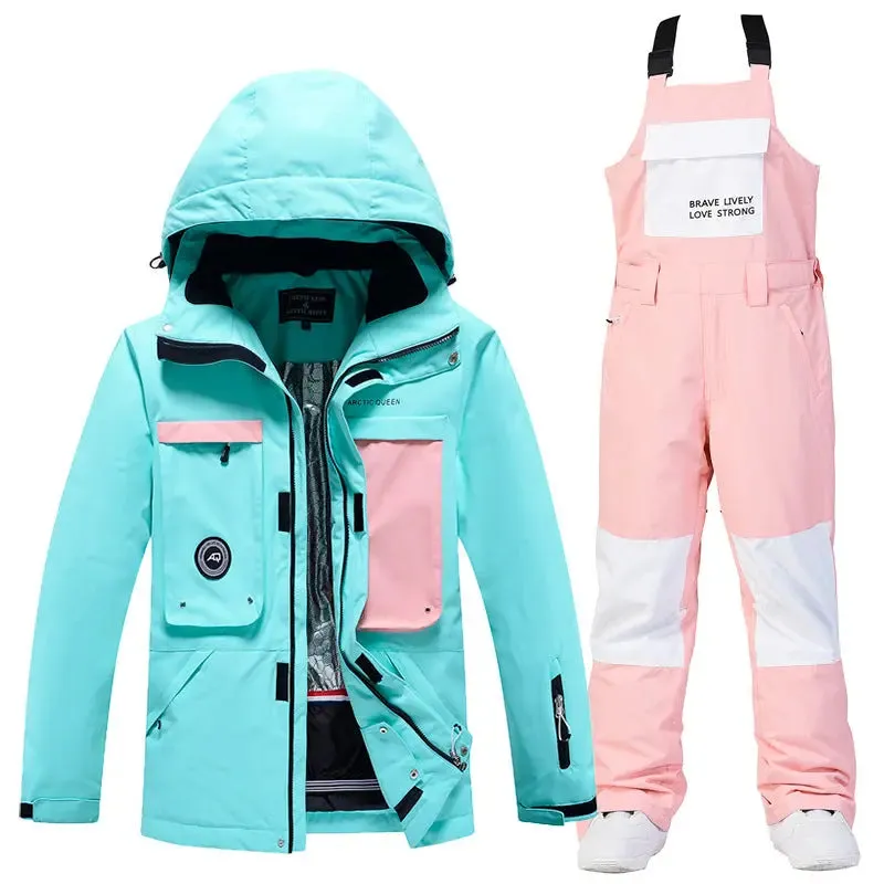 Women Winter Hooded Ski Overalls Snowsuits