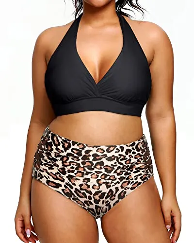 Women's Slim Fit Two Piece Plus Size Halter Bikini Swimsuit-Black And Leopard