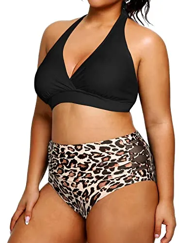 Women's Slim Fit Two Piece Plus Size Halter Bikini Swimsuit-Black And Leopard