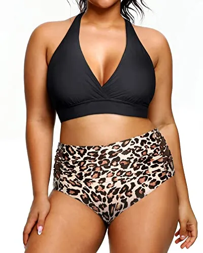 Women's Slim Fit Two Piece Plus Size Halter Bikini Swimsuit-Black And Leopard